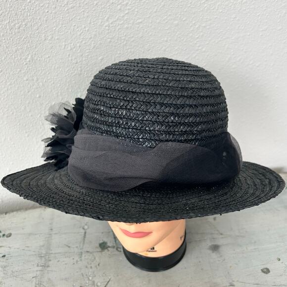Vintage Betmar Black Straw derby Hat Floral Accent Made in Italy Wide main image 6